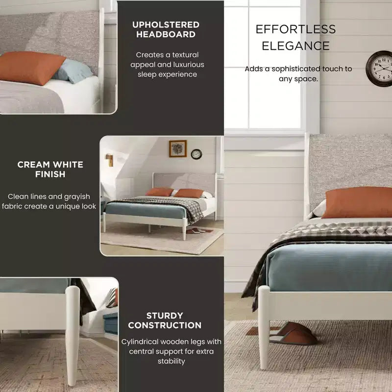 Letto a piattaforma imbottito in legno di gomma – Bianco crema, Queen