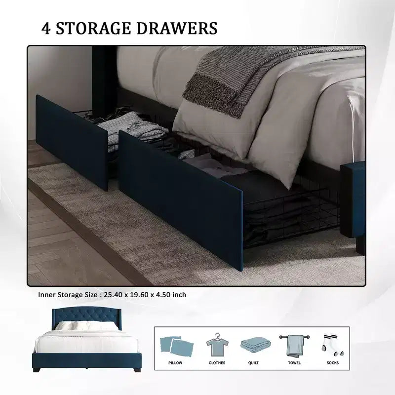 Letto a piattaforma imbottito con alette, in velluto, con cassetti contenitori