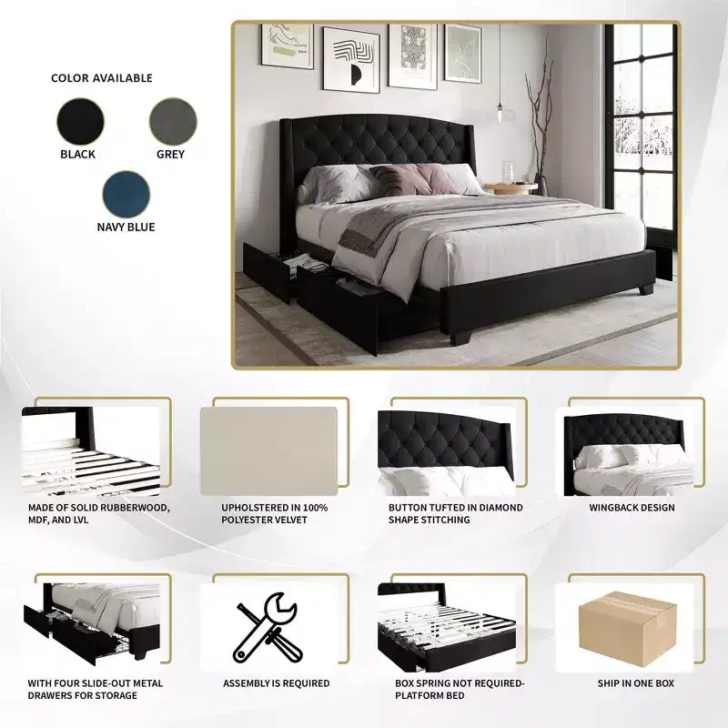 Letto a piattaforma imbottito con alette, in velluto, con cassetti contenitori