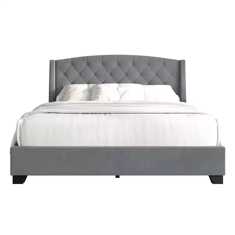 Letto a piattaforma imbottito con alette, in velluto, con cassetti contenitori