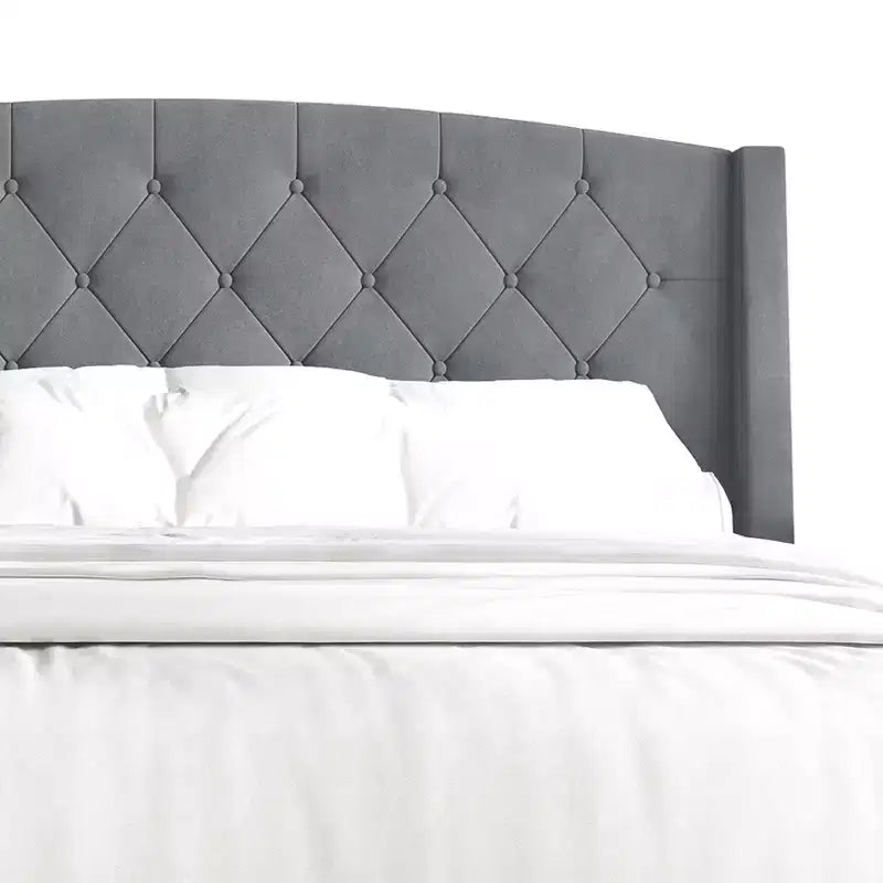 Letto a piattaforma imbottito con alette, in velluto, con cassetti contenitori