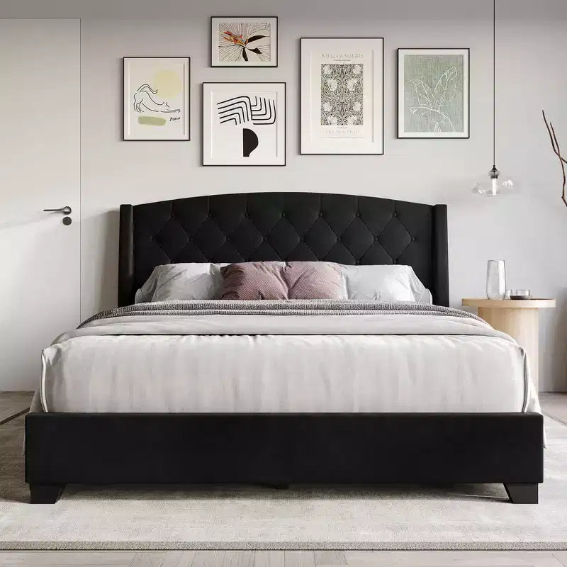 Letto a piattaforma imbottito con alette, in velluto, con cassetti contenitori