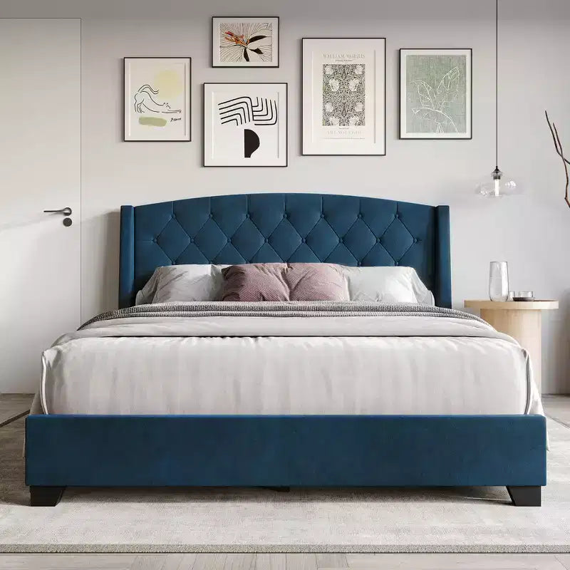 Letto a piattaforma imbottito con alette, in velluto, con cassetti contenitori