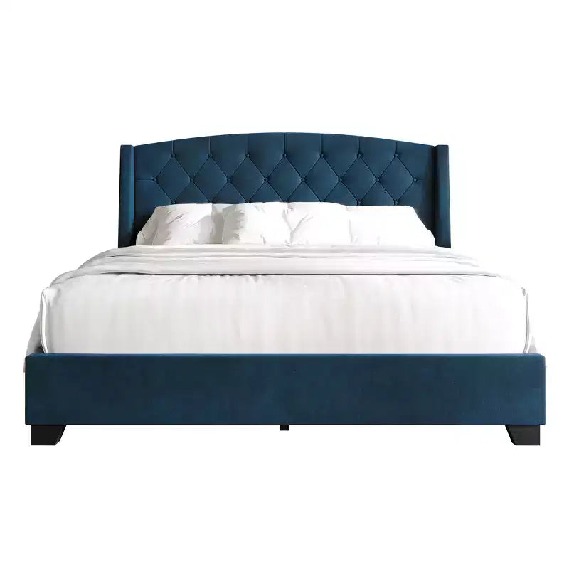 Letto a piattaforma imbottito con alette, in velluto, con cassetti contenitori