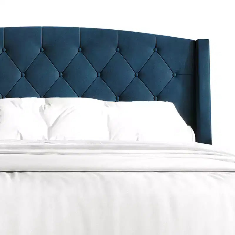Letto a piattaforma imbottito con alette, in velluto, con cassetti contenitori