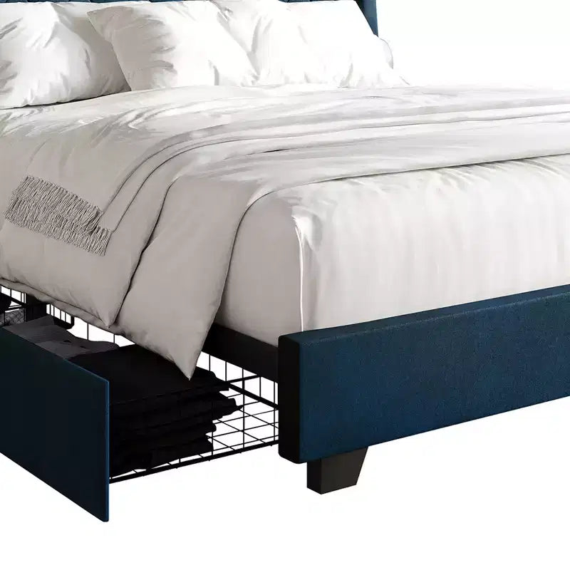 Letto a piattaforma imbottito con alette, in velluto, con cassetti contenitori