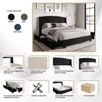 Letto a piattaforma imbottito con alette, in velluto, con cassetti contenitori