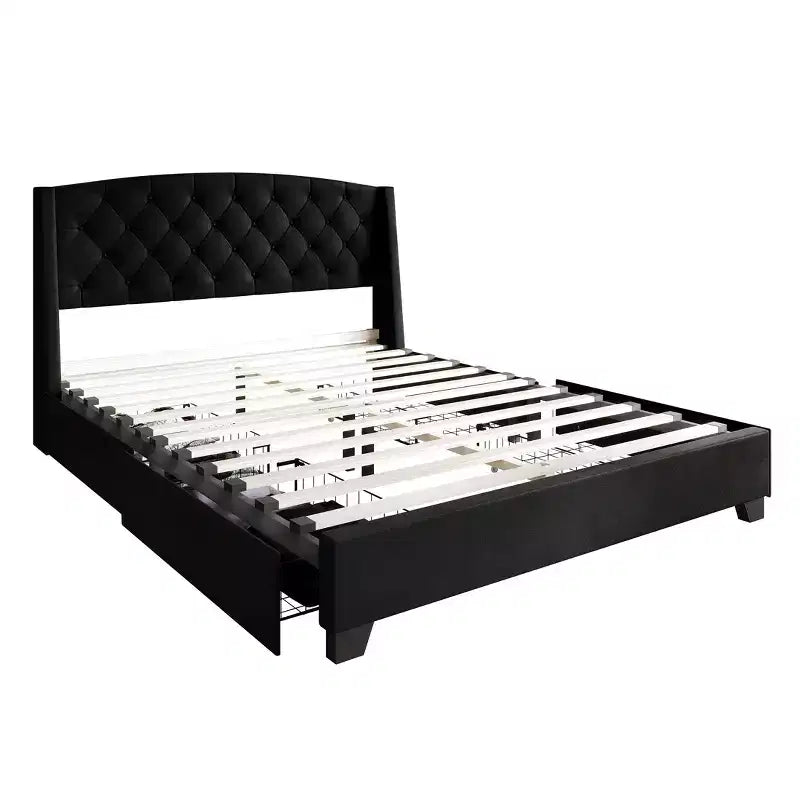 Letto a piattaforma imbottito con alette, in velluto, con cassetti contenitori