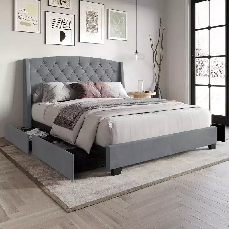 Letto a piattaforma imbottito con alette, in velluto, con cassetti contenitori