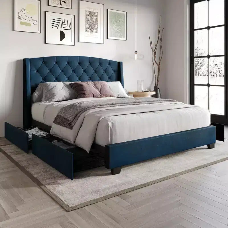 Letto a piattaforma imbottito con alette, in velluto, con cassetti contenitori