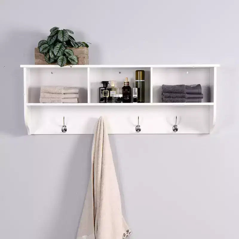 Appendiabiti da Parete con 4 Ganci Doppi e Mensola in Legno – Bianco