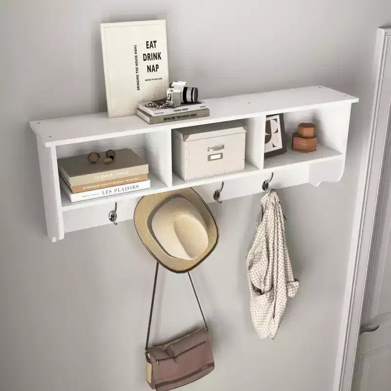 Appendiabiti da Parete con 4 Ganci Doppi e Mensola in Legno – Bianco