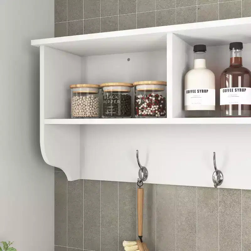 Appendiabiti da Parete con 4 Ganci Doppi e Mensola in Legno – Bianco