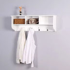 Appendiabiti da Parete con 4 Ganci Doppi e Mensola in Legno – Bianco