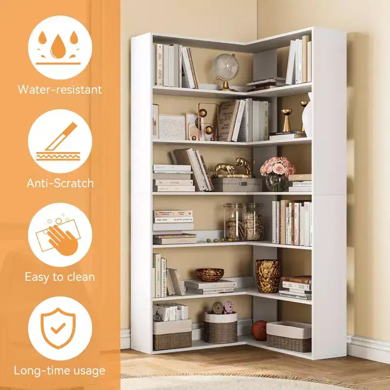 GustoWave Scaffale angolare, Libreria angolare alta in legno a 6 ripiani con deflettori, Libreria aperta a L con ripiani espositivi, Scaffale per librerie