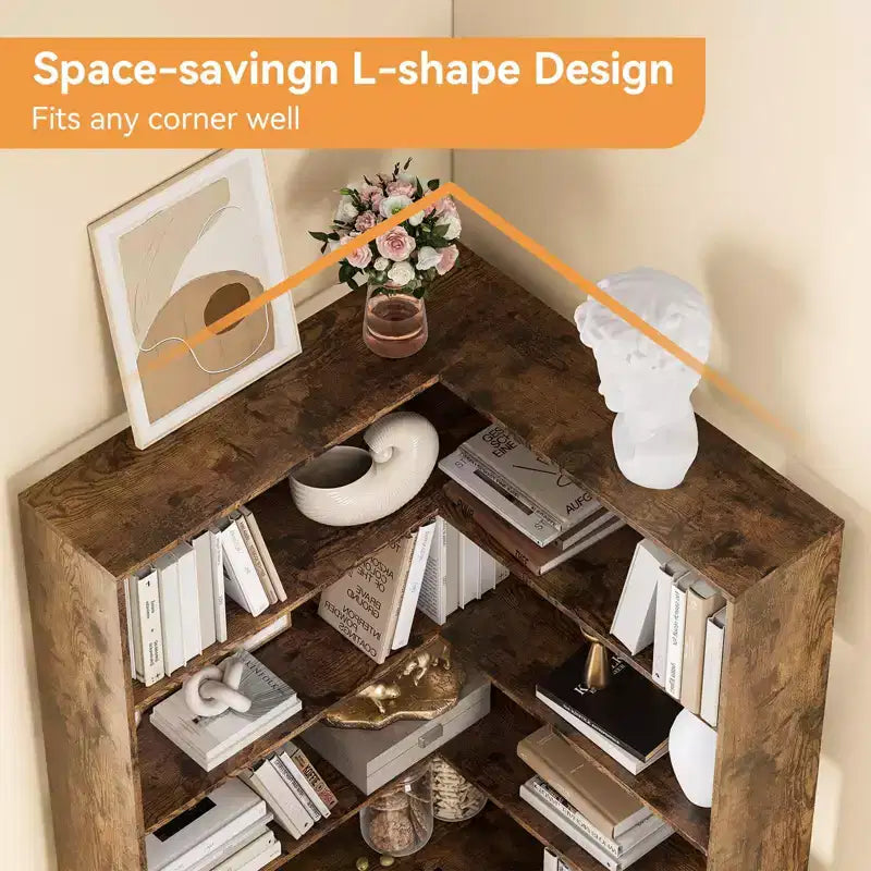 GustoWave Scaffale angolare, Libreria angolare alta in legno a 6 ripiani con deflettori, Libreria aperta a L con ripiani espositivi, Scaffale per librerie