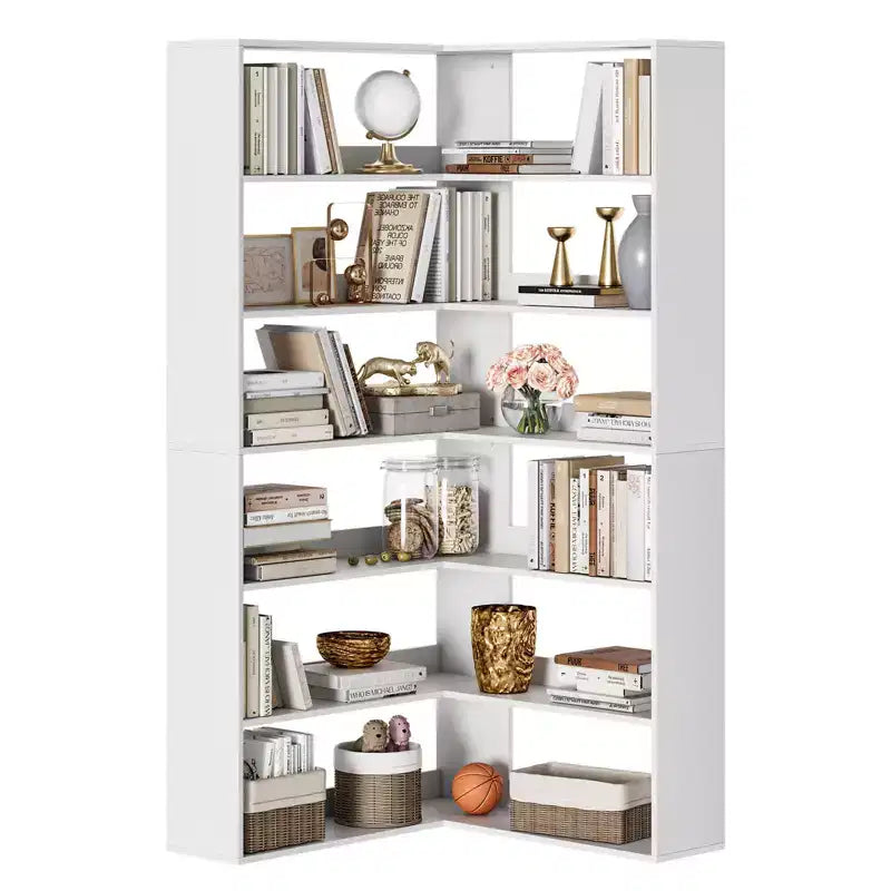 GustoWave Scaffale angolare, Libreria angolare alta in legno a 6 ripiani con deflettori, Libreria aperta a L con ripiani espositivi, Scaffale per librerie
