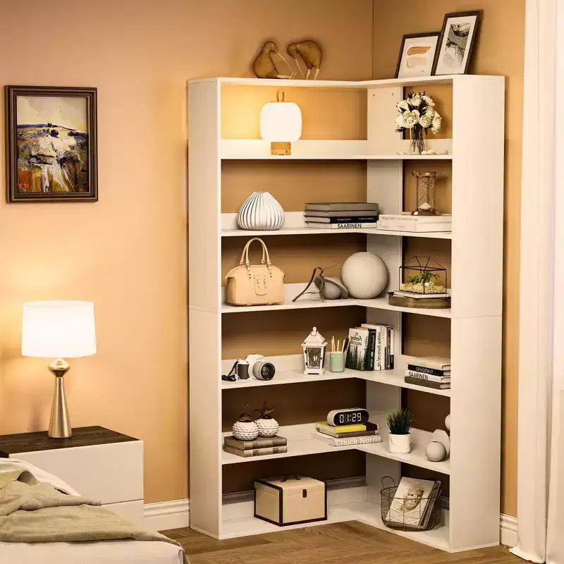 GustoWave Scaffale angolare, Libreria angolare alta in legno a 6 ripiani con deflettori, Libreria aperta a L con ripiani espositivi, Scaffale per librerie