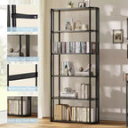 Libreria a 6 ripiani, scaffale industriale alto a 6 ripiani, libreria grande aperta con struttura in metallo, scaffale portaoggetti in legno autoportante