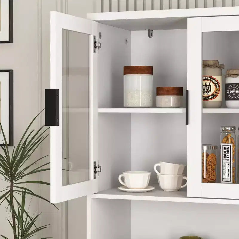 MAYEERTY Libreria Alta con Ante in Vetro Temperato e Ripiani Regolabili, Mobile in MDF Laccato Nero a 4 Ante per Soggiorno/Camera da Letto