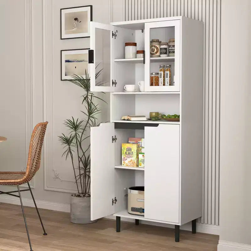 MAYEERTY Libreria Alta con Ante in Vetro Temperato e Ripiani Regolabili, Mobile in MDF Laccato Nero a 4 Ante per Soggiorno/Camera da Letto