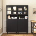 MAYEERTY Libreria Alta con Ante in Vetro Temperato e Ripiani Regolabili, Mobile in MDF Laccato Nero a 4 Ante per Soggiorno/Camera da Letto