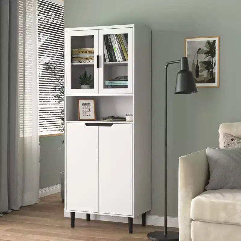 MAYEERTY Libreria Alta con Ante in Vetro Temperato e Ripiani Regolabili, Mobile in MDF Laccato Nero a 4 Ante per Soggiorno/Camera da Letto