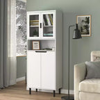 MAYEERTY Libreria Alta con Ante in Vetro Temperato e Ripiani Regolabili, Mobile in MDF Laccato Nero a 4 Ante per Soggiorno/Camera da Letto
