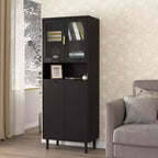 MAYEERTY Libreria Alta con Ante in Vetro Temperato e Ripiani Regolabili, Mobile in MDF Laccato Nero a 4 Ante per Soggiorno/Camera da Letto