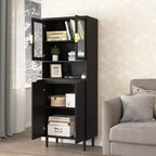 MAYEERTY Libreria Alta con Ante in Vetro Temperato e Ripiani Regolabili, Mobile in MDF Laccato Nero a 4 Ante per Soggiorno/Camera da Letto