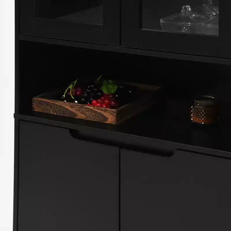 MAYEERTY Libreria Alta con Ante in Vetro Temperato e Ripiani Regolabili, Mobile in MDF Laccato Nero a 4 Ante per Soggiorno/Camera da Letto