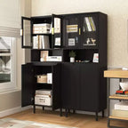 MAYEERTY Libreria Alta con Ante in Vetro Temperato e Ripiani Regolabili, Mobile in MDF Laccato Nero a 4 Ante per Soggiorno/Camera da Letto