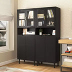 MAYEERTY Libreria Alta con Ante in Vetro Temperato e Ripiani Regolabili, Mobile in MDF Laccato Nero a 4 Ante per Soggiorno/Camera da Letto