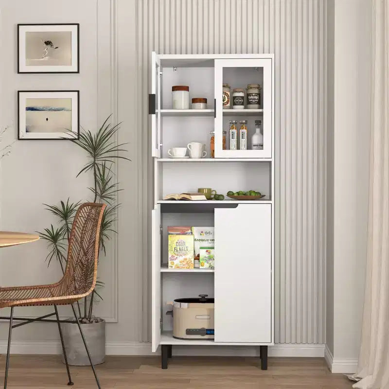 MAYEERTY Libreria Alta con Ante in Vetro Temperato e Ripiani Regolabili, Mobile in MDF Laccato Nero a 4 Ante per Soggiorno/Camera da Letto
