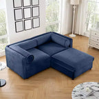 Elegante divano a 2 posti in ciniglia bianca con contenitore pouf, schienale e braccioli cilindrici