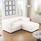 Elegante divano a 2 posti in ciniglia bianca con contenitore pouf, schienale e braccioli cilindrici