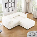 Elegante divano a 2 posti in ciniglia bianca con contenitore pouf, schienale e braccioli cilindrici