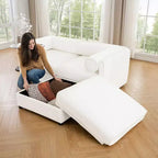 Elegante divano a 2 posti in ciniglia bianca con contenitore pouf, schienale e braccioli cilindrici