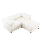 Elegante divano a 2 posti in ciniglia bianca con contenitore pouf, schienale e braccioli cilindrici