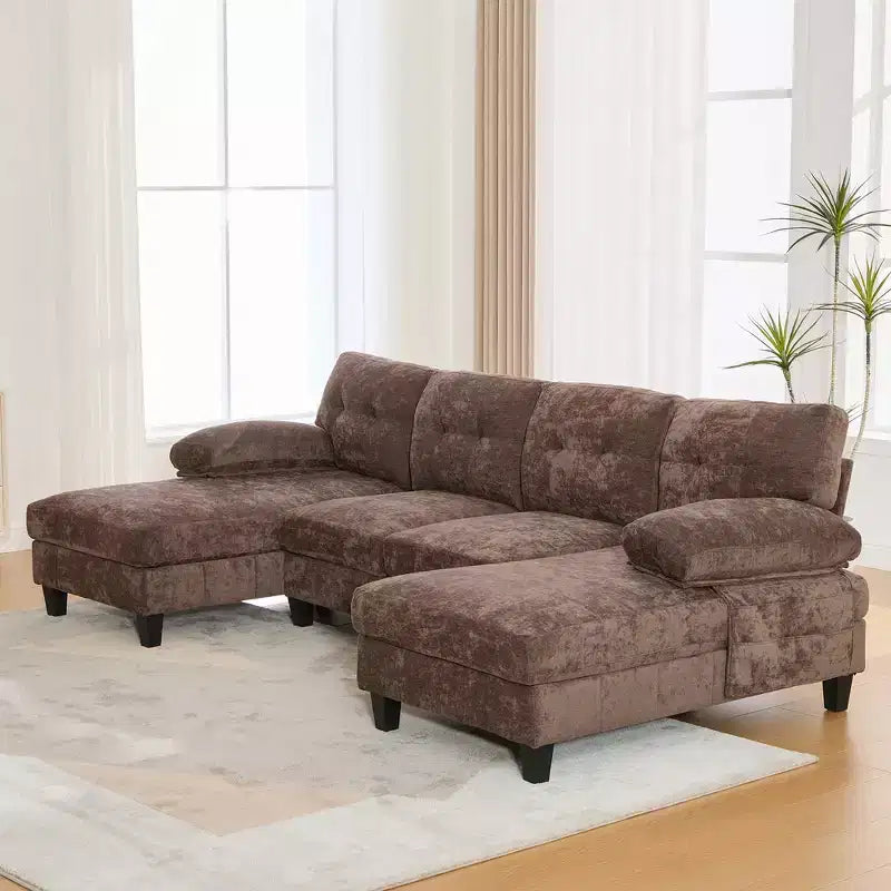 Divano Sezionale a U in Ciniglia con Doppia Chaise, Tasche Portaoggetti e Cuscini Bracciolo