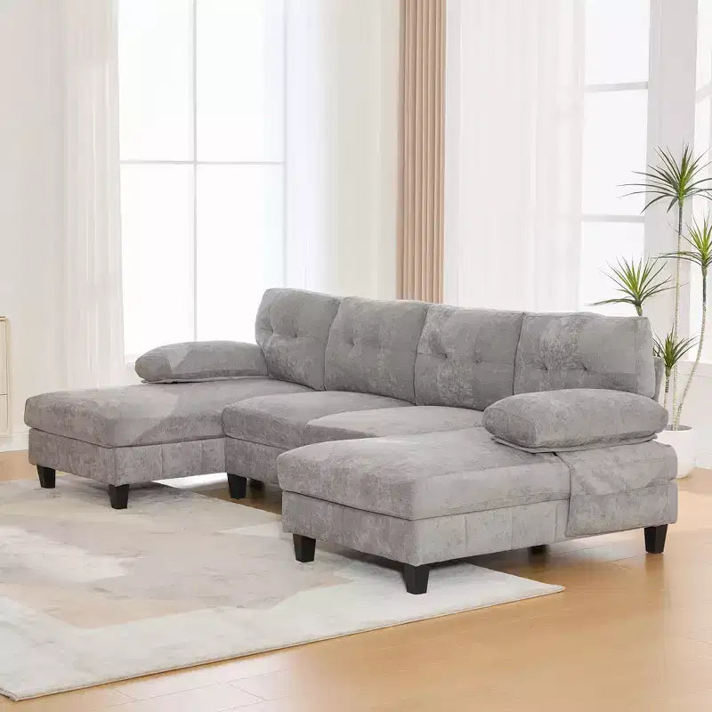 Divano Sezionale a U in Ciniglia con Doppia Chaise, Tasche Portaoggetti e Cuscini Bracciolo