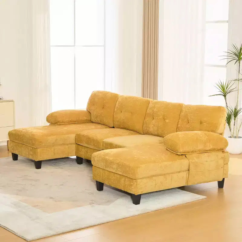 Divano Sezionale a U in Ciniglia con Doppia Chaise, Tasche Portaoggetti e Cuscini Bracciolo