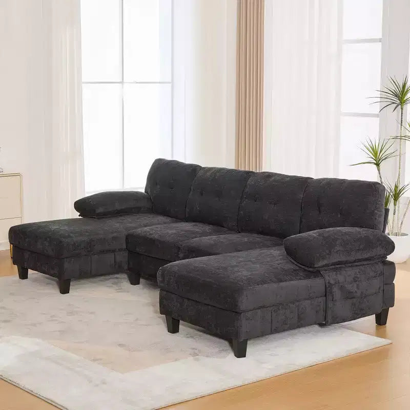 Divano Sezionale a U in Ciniglia con Doppia Chaise, Tasche Portaoggetti e Cuscini Bracciolo