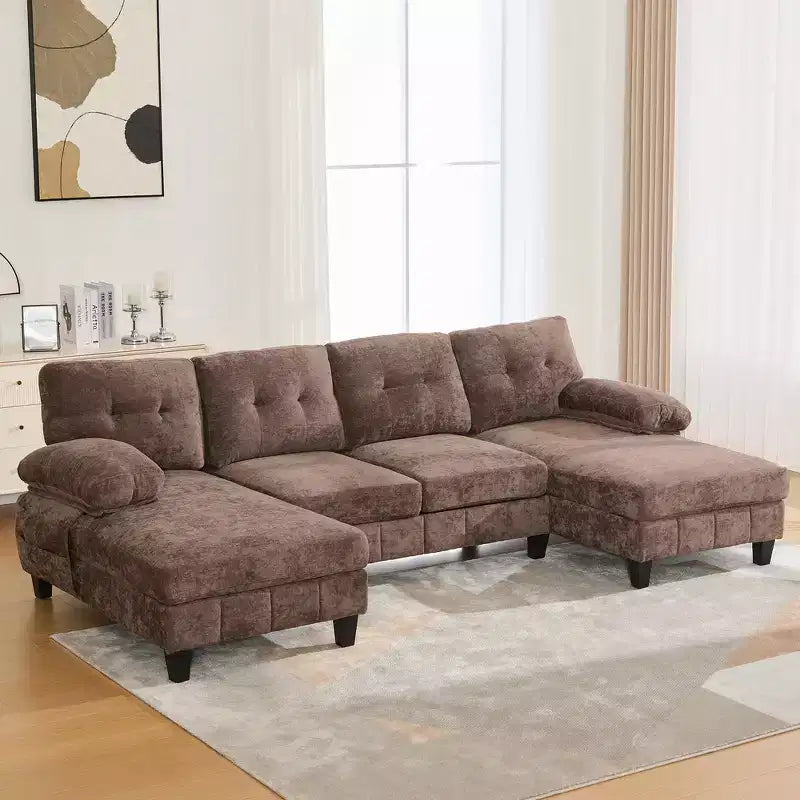 Divano Sezionale a U in Ciniglia con Doppia Chaise, Tasche Portaoggetti e Cuscini Bracciolo