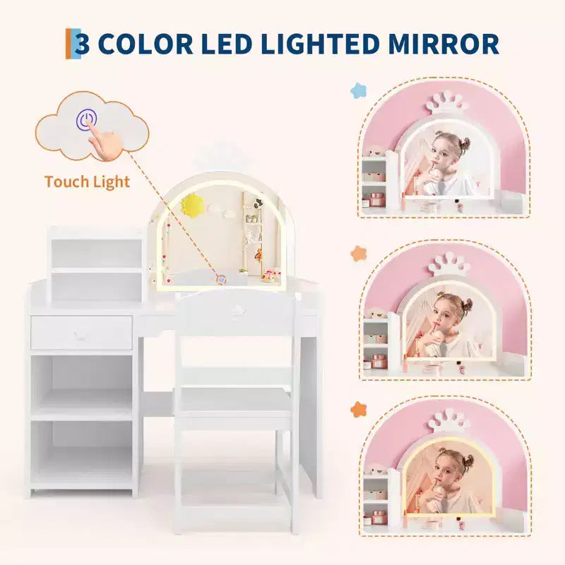 Toeletta per bambini con luci, mobile da trucco 2 in 1 principessa per bambini, set tavolo e sedia con libreria aperta, mobiletto e mensole per bambine