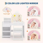 Toeletta per bambini con luci, mobile da trucco 2 in 1 principessa per bambini, set tavolo e sedia con libreria aperta, mobiletto e mensole per bambine