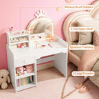 Toeletta per bambini con luci, mobile da trucco 2 in 1 principessa per bambini, set tavolo e sedia con libreria aperta, mobiletto e mensole per bambine
