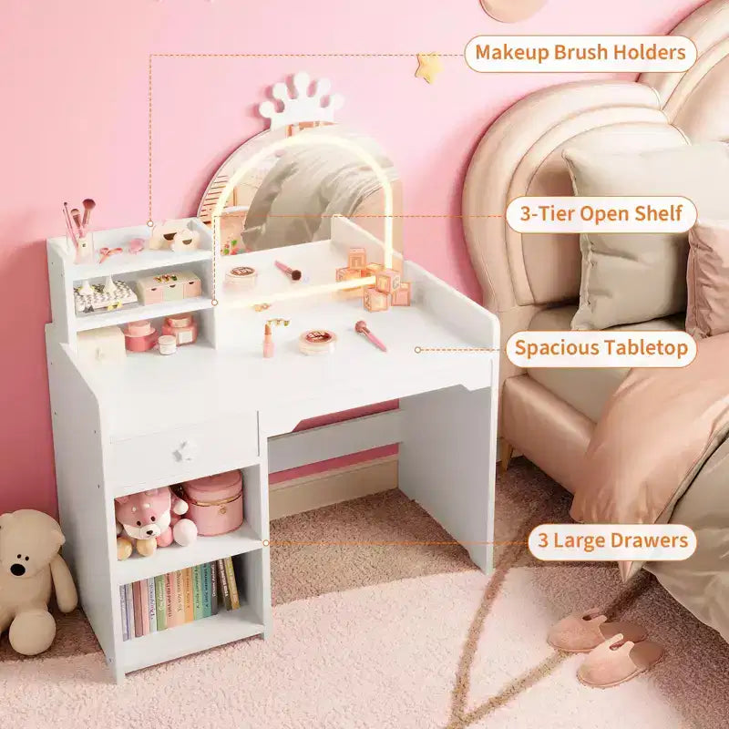 Toeletta per bambini con luci, mobile da trucco 2 in 1 principessa per bambini, set tavolo e sedia con libreria aperta, mobiletto e mensole per bambine