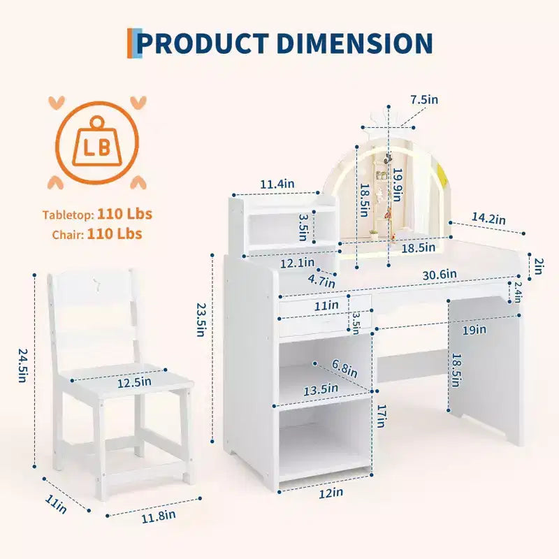 Toeletta per bambini con luci, mobile da trucco 2 in 1 principessa per bambini, set tavolo e sedia con libreria aperta, mobiletto e mensole per bambine