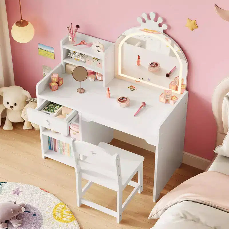 Toeletta per bambini con luci, mobile da trucco 2 in 1 principessa per bambini, set tavolo e sedia con libreria aperta, mobiletto e mensole per bambine